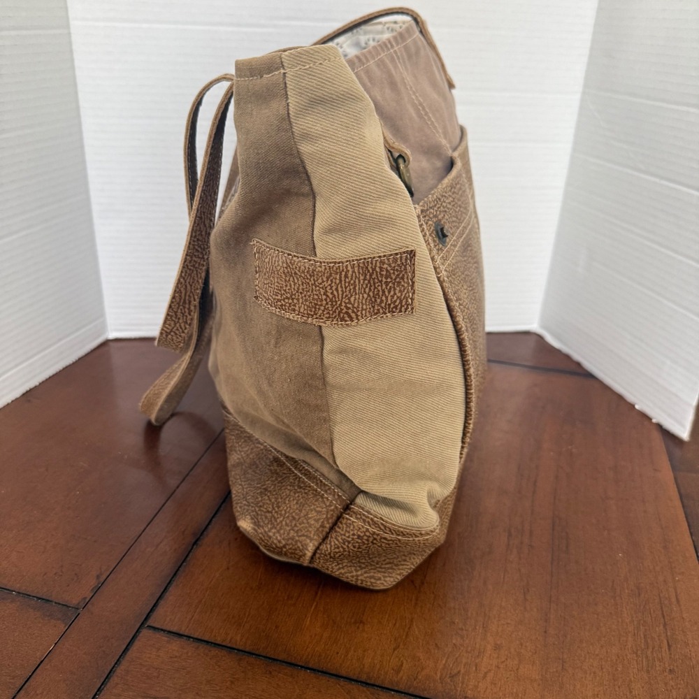 Myra Bag Canvas Leather Patchwork Tote Shoulder Bag Brown Tan Botanical Print - Picture 2 of 12